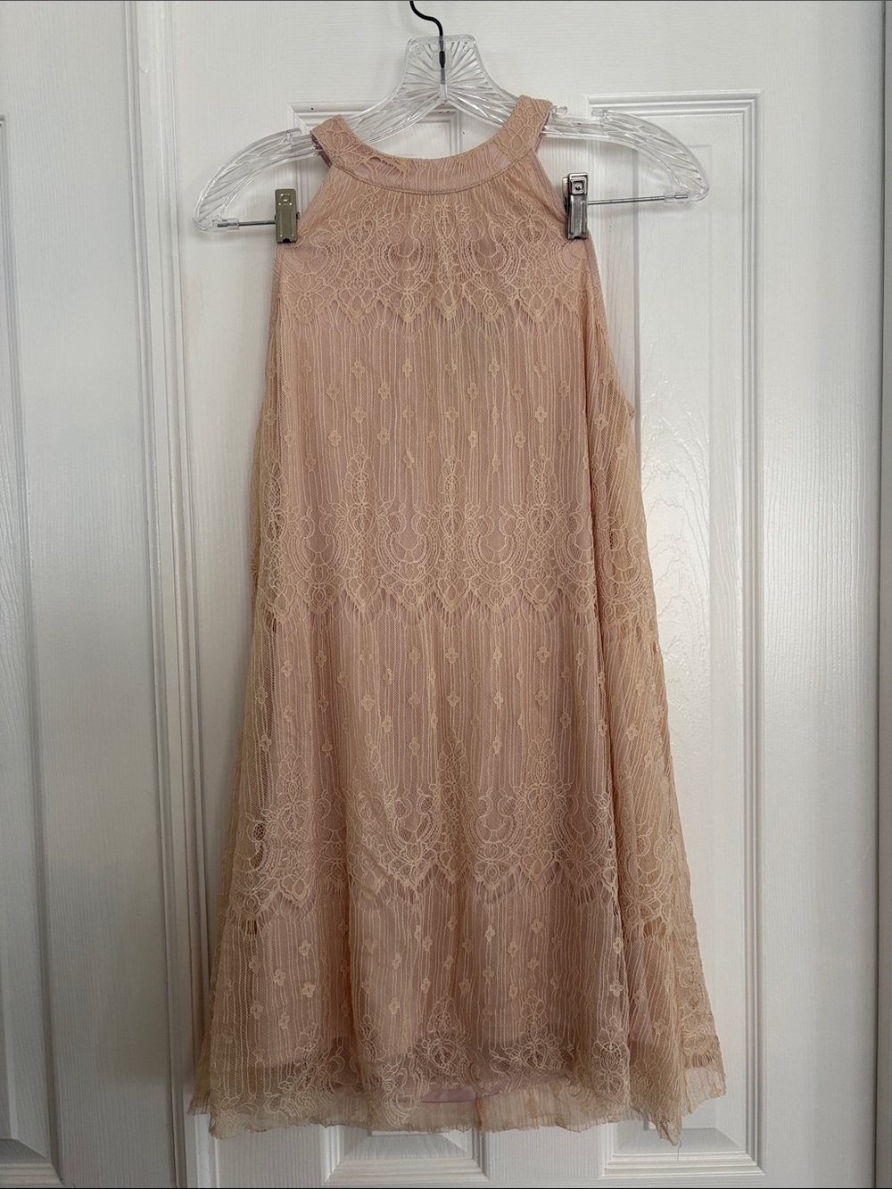 ASTR Women's Blush Pink High Neck Lace Overlay Shift Mini Dress Size small